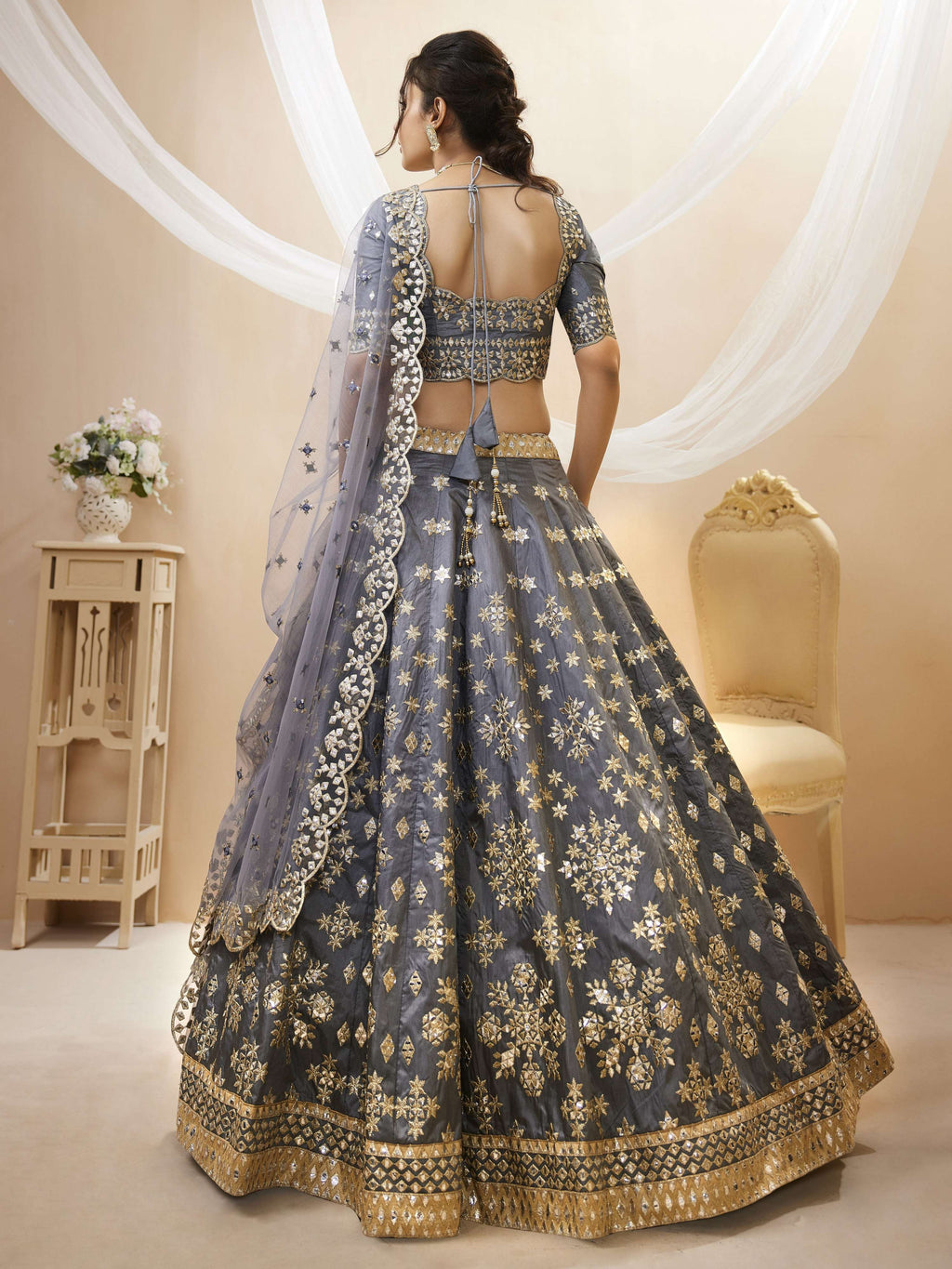Jyoti Fashion Women's Grey Art Silk Sequins with Foil & Zari Embroidered Lehenga Choli & Dupatta