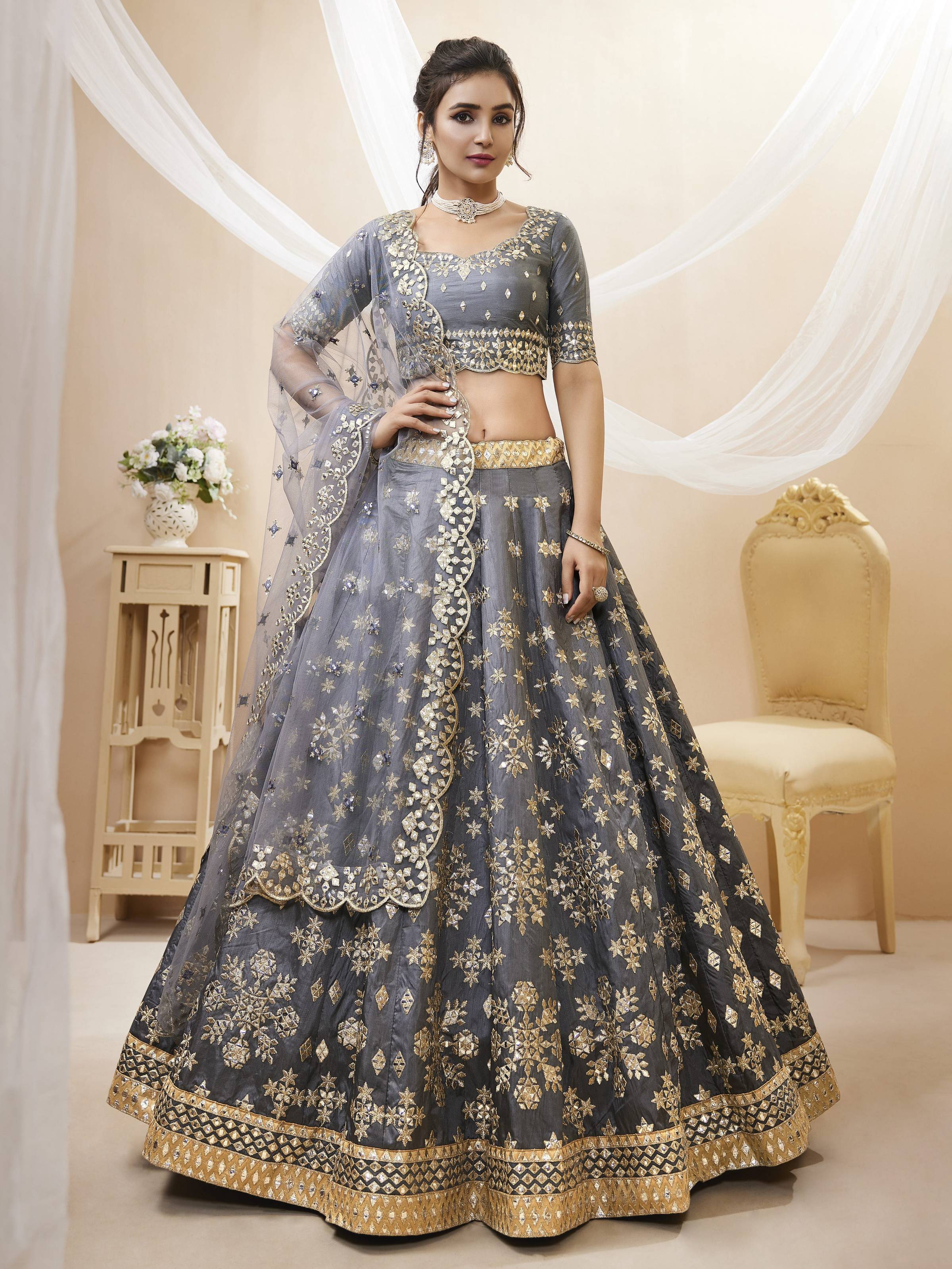 Jyoti Fashion Women's Grey Art Silk Sequins with Foil & Zari Embroidered Lehenga Choli & Dupatta