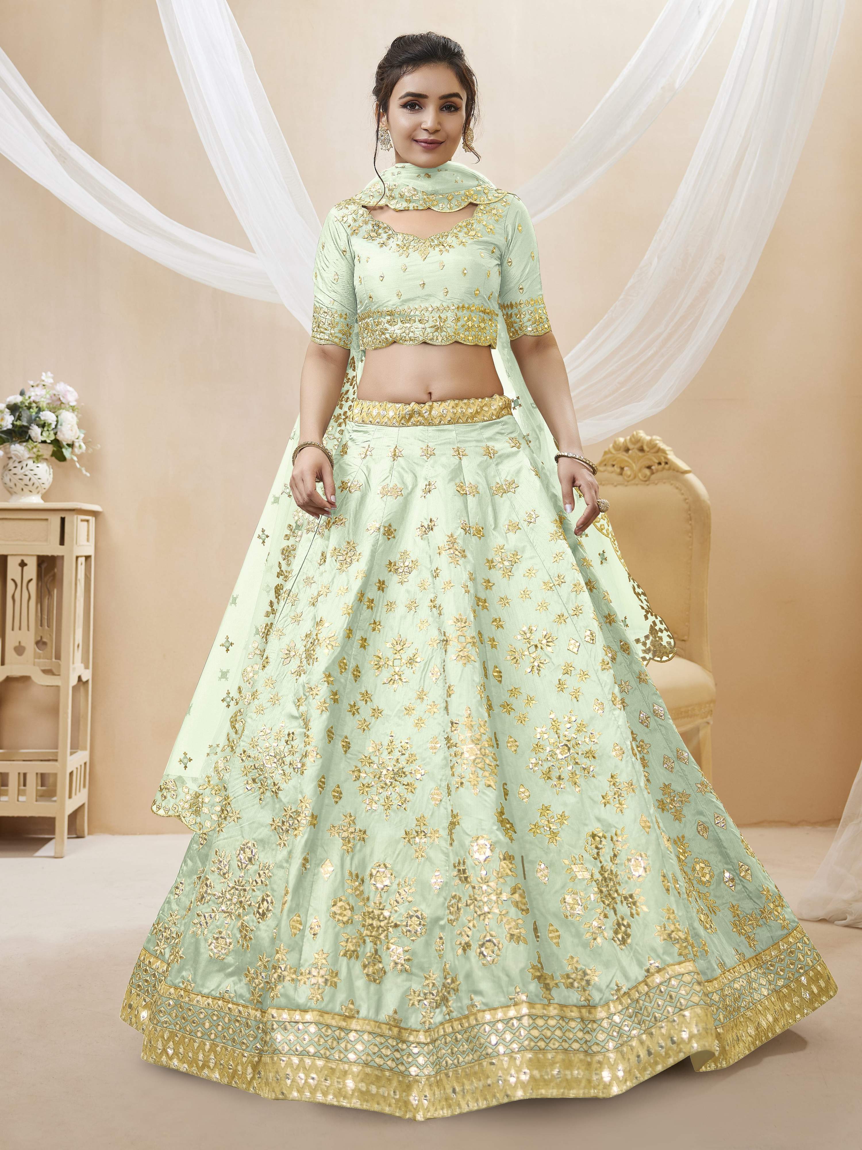 Jyoti Fashion Women's Pista Art Silk Sequins with Foil & Zari Embroidered Lehenga Choli & Dupatta