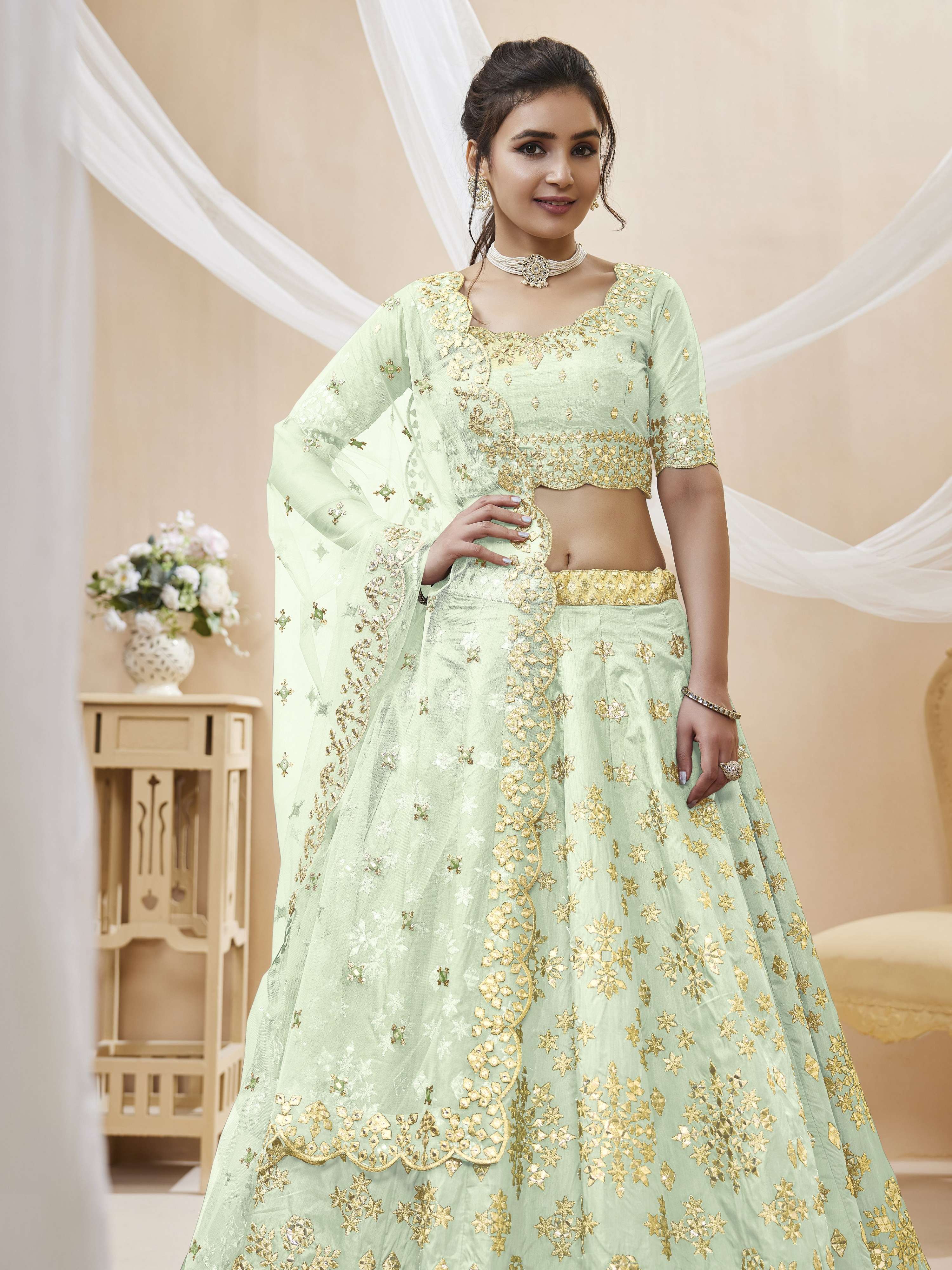 Jyoti Fashion Women's Pista Art Silk Sequins with Foil & Zari Embroidered Lehenga Choli & Dupatta