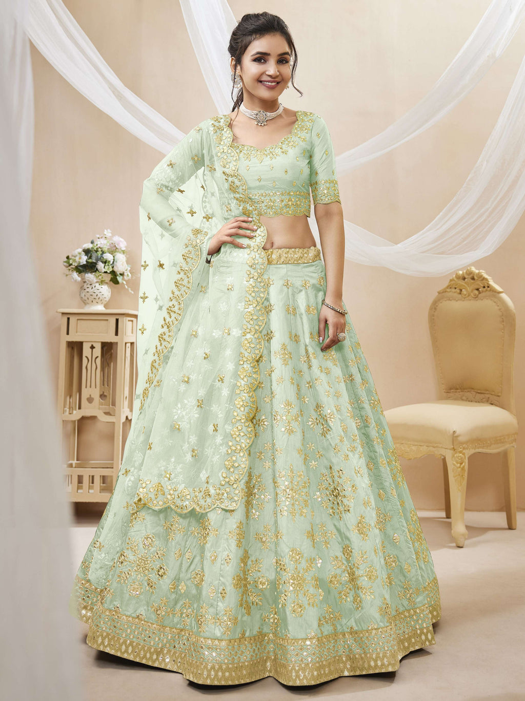 Jyoti Fashion Women's Pista Art Silk Sequins with Foil & Zari Embroidered Lehenga Choli & Dupatta
