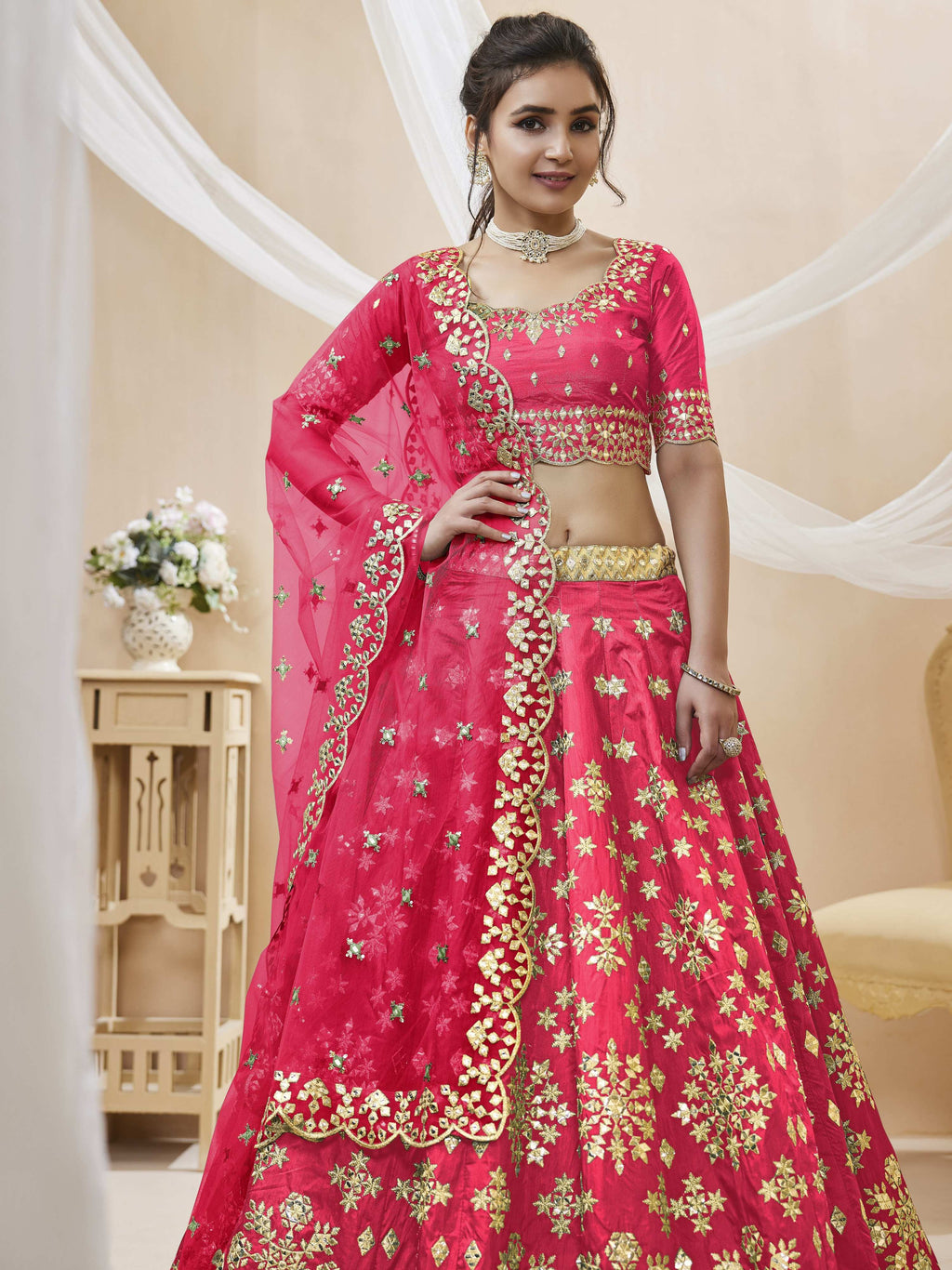 Jyoti Fashion Women's Pink Art Silk Sequins with Foil & Zari Embroidered Lehenga Choli & Dupatta