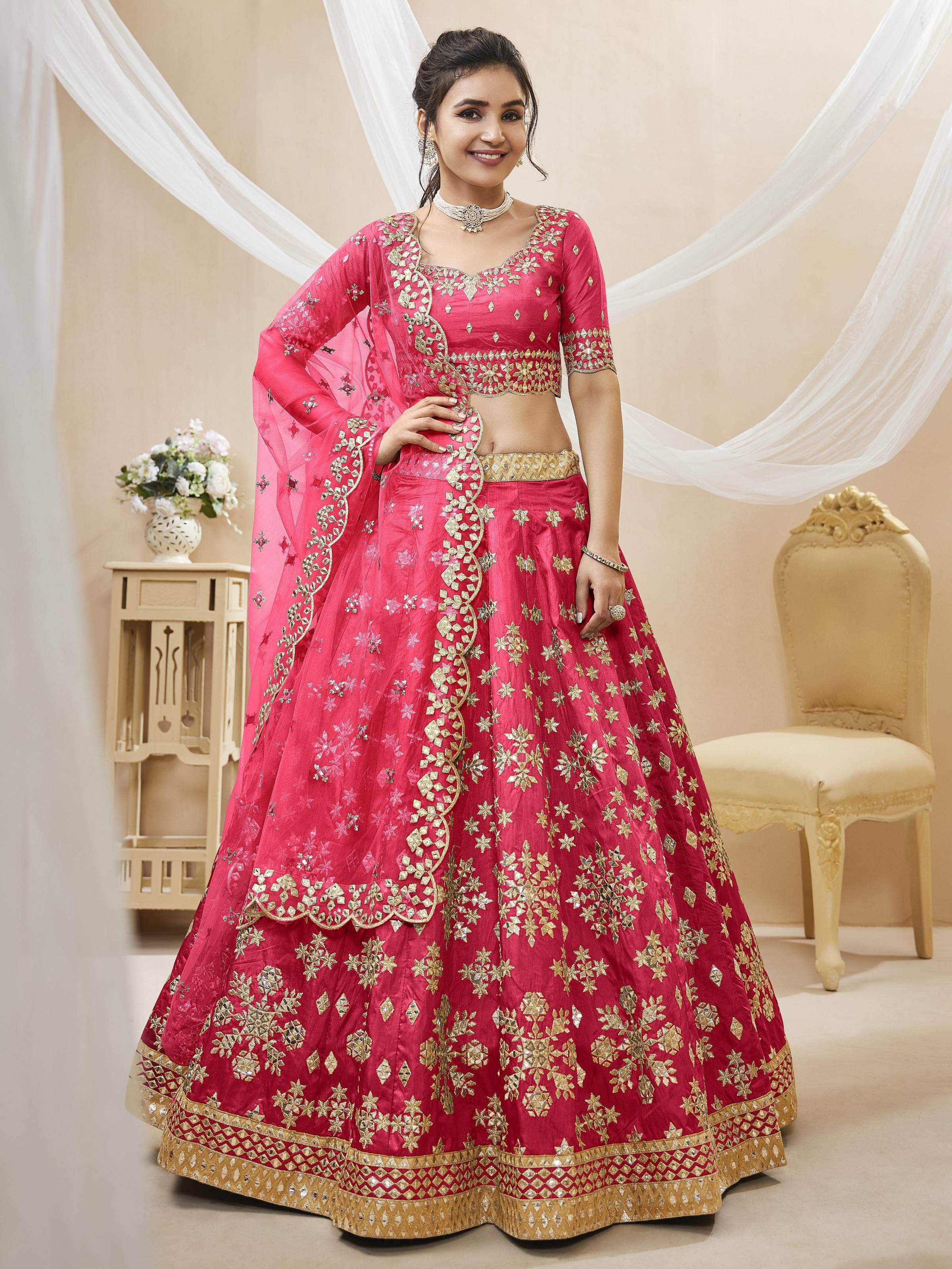 Jyoti Fashion Women's Pink Art Silk Sequins with Foil & Zari Embroidered Lehenga Choli & Dupatta