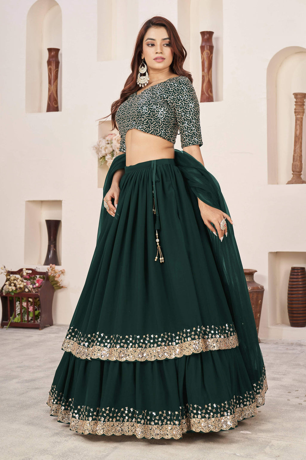 Jyoti Fashion Women's Green Georgette Sequins Zari Embroidered Lehenga Choli & Dupatta