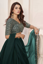 Jyoti Fashion Women's Green Georgette Sequins Zari Embroidered Lehenga Choli & Dupatta