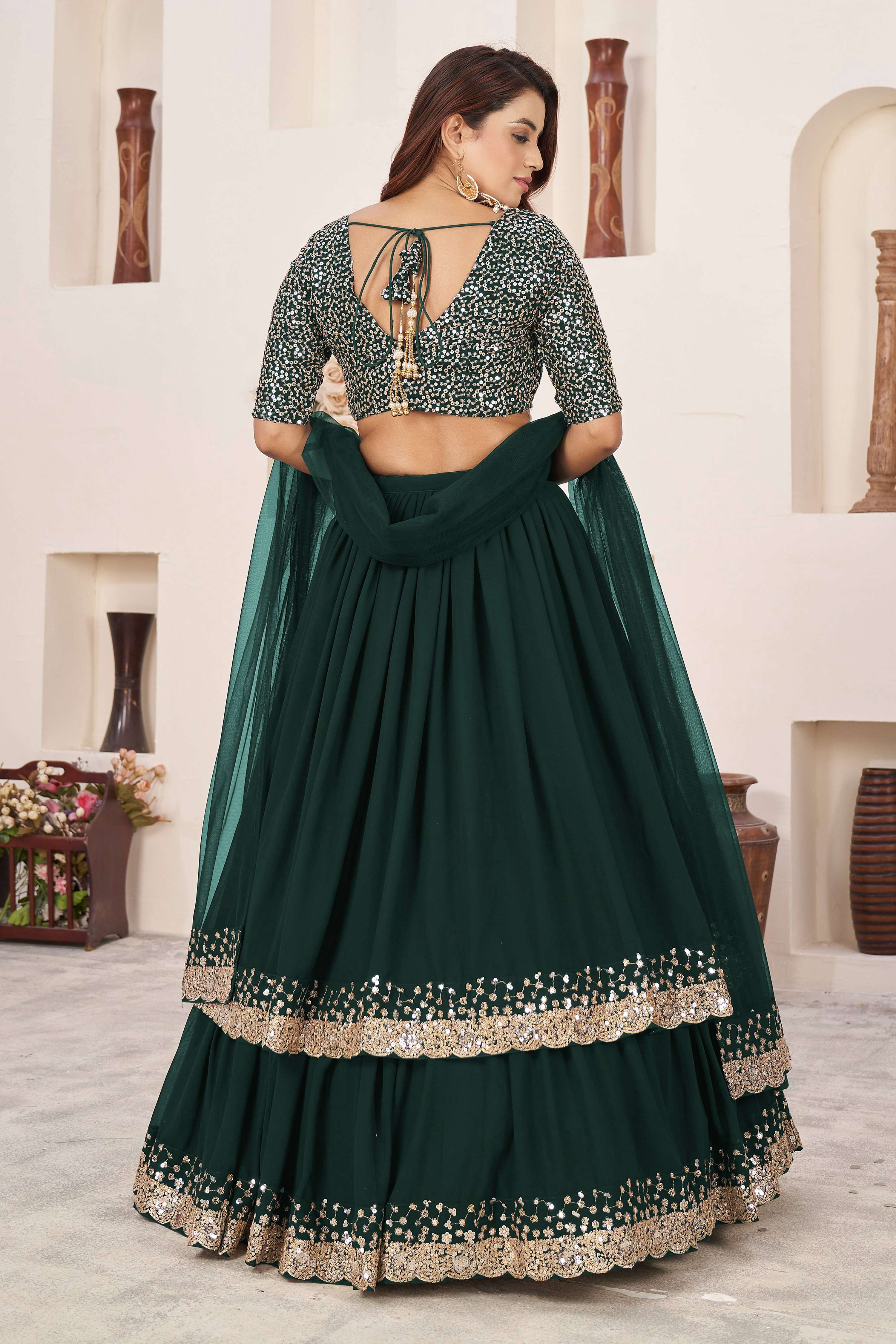 Jyoti Fashion Women's Green Georgette Sequins Zari Embroidered Lehenga Choli & Dupatta