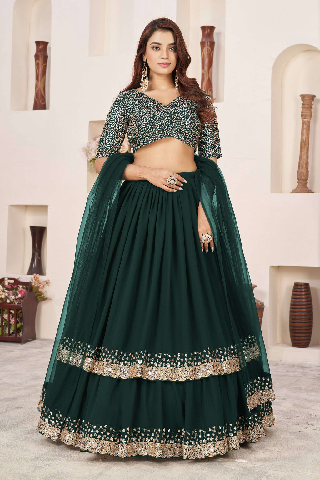 Jyoti Fashion Women's Green Georgette Sequins Zari Embroidered Lehenga Choli & Dupatta