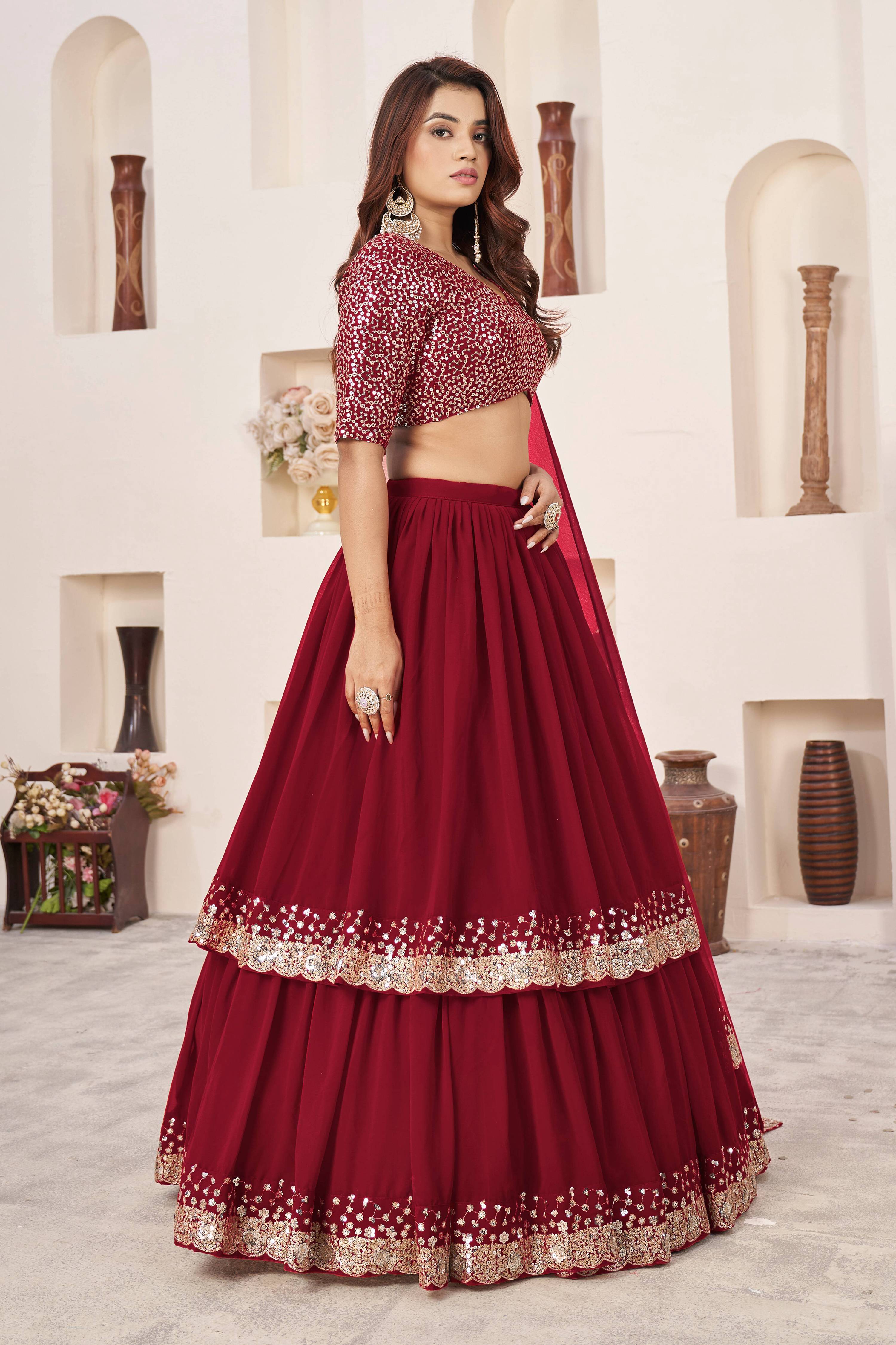Jyoti Fashion Women's Red Georgette Sequins Zari Embroidered Lehenga Choli & Dupatta