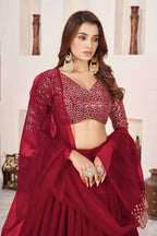 Jyoti Fashion Women's Red Georgette Sequins Zari Embroidered Lehenga Choli & Dupatta