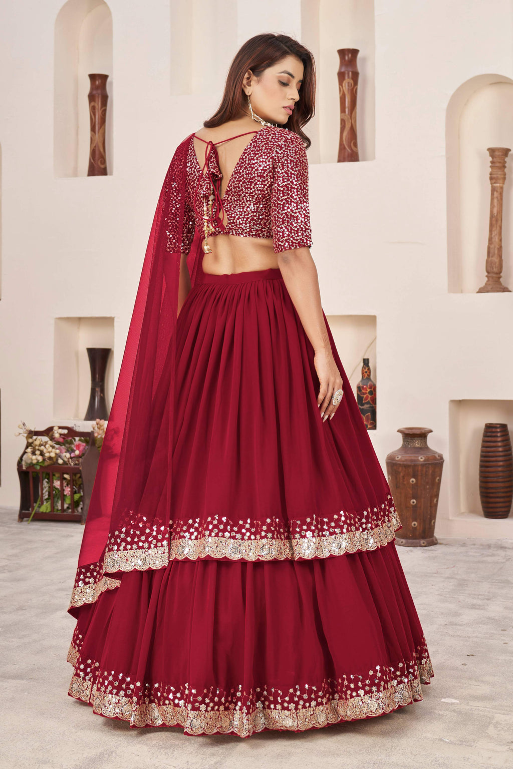 Jyoti Fashion Women's Red Georgette Sequins Zari Embroidered Lehenga Choli & Dupatta