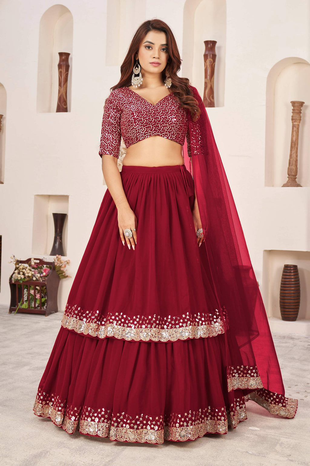 Jyoti Fashion Women's Red Georgette Sequins Zari Embroidered Lehenga Choli & Dupatta