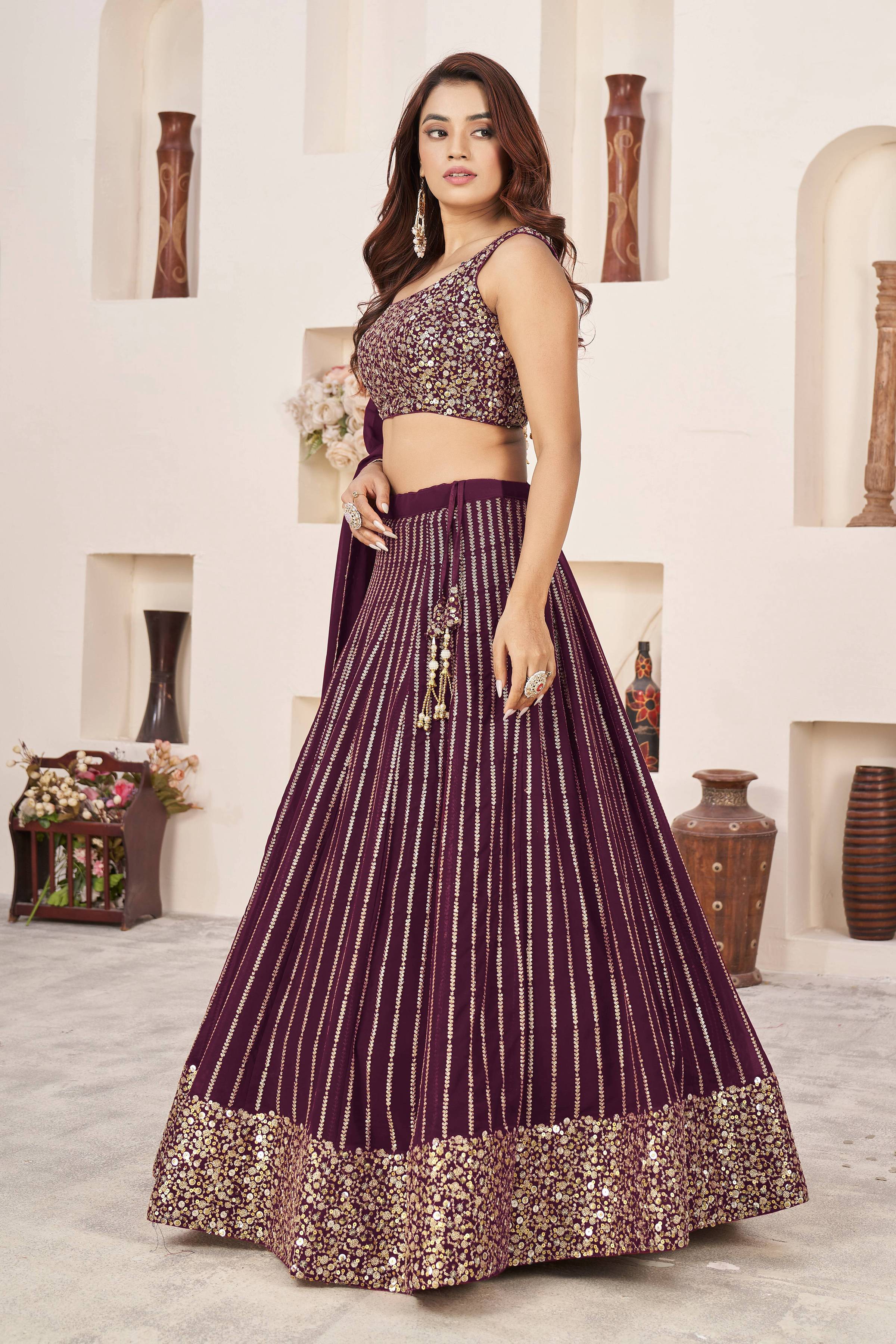 Jyoti Fashion Women's Wine Georgette Sequins Zari Embroidered Lehenga Choli & Dupatta