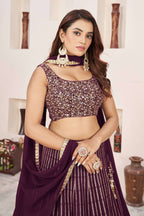 Jyoti Fashion Women's Wine Georgette Sequins Zari Embroidered Lehenga Choli & Dupatta