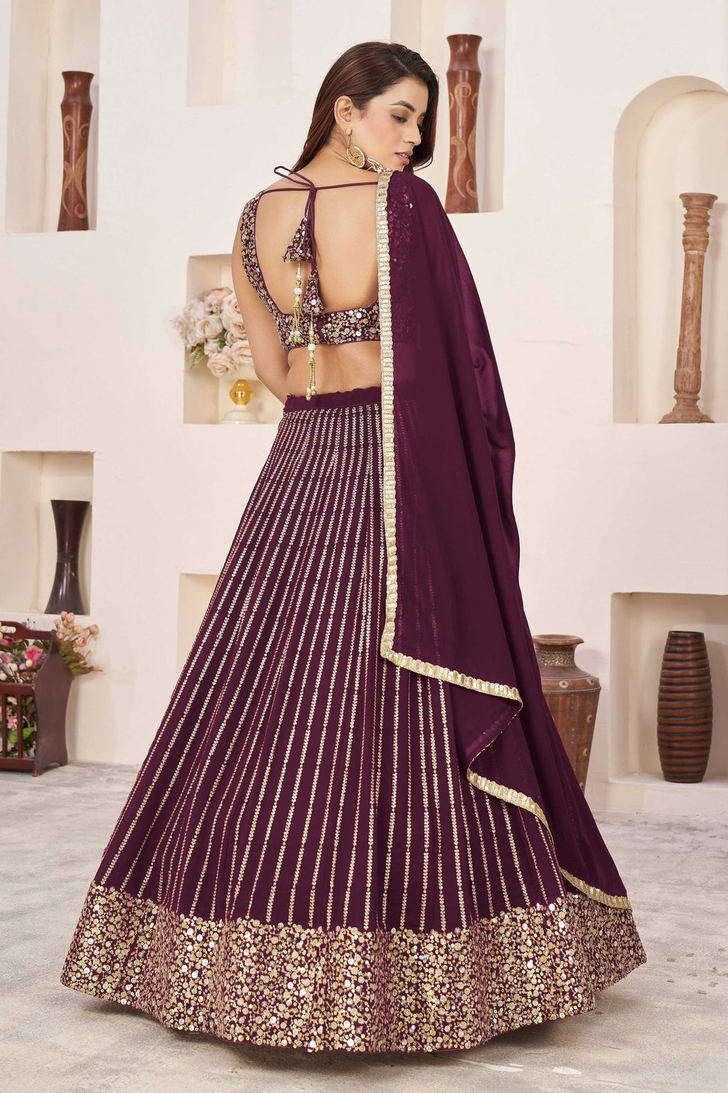 Jyoti Fashion Women's Wine Georgette Sequins Zari Embroidered Lehenga Choli & Dupatta