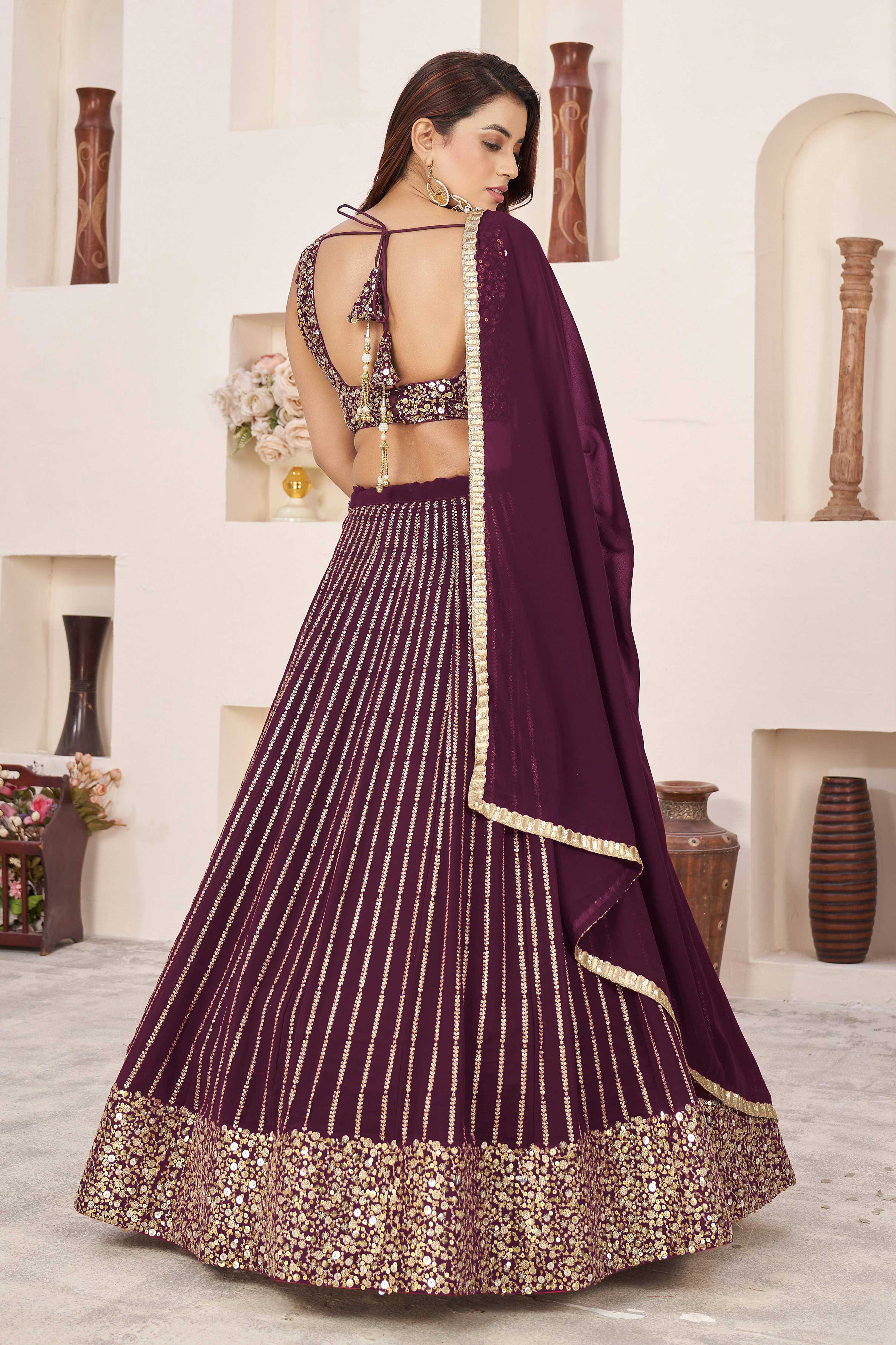 Jyoti Fashion Women's Wine Georgette Sequins Zari Embroidered Lehenga Choli & Dupatta
