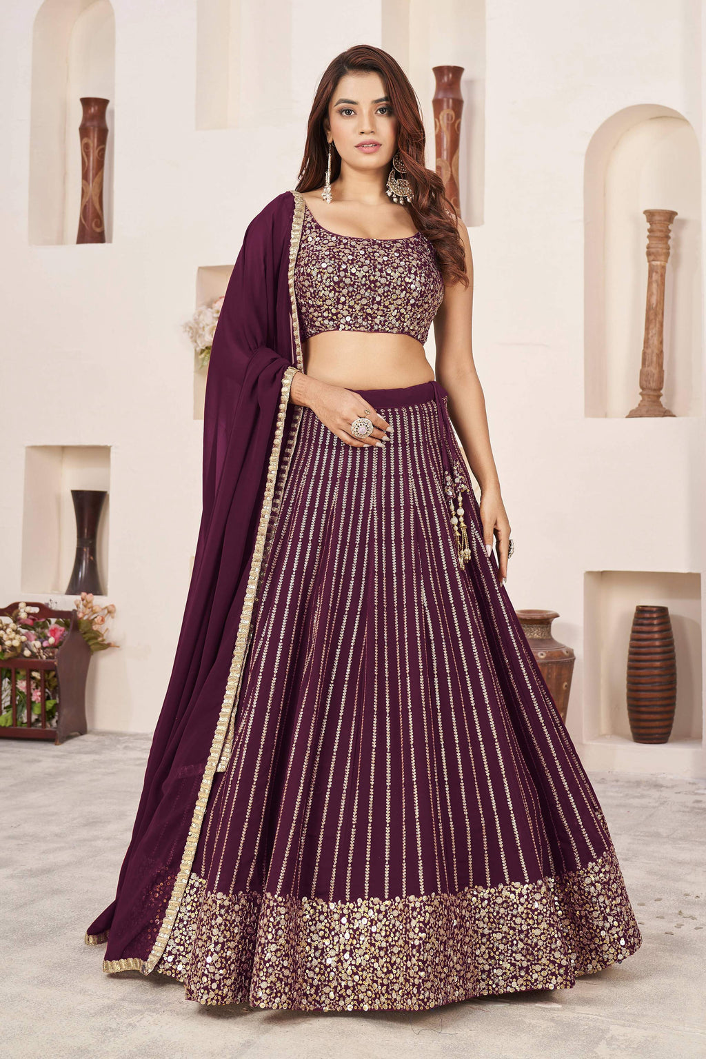 Jyoti Fashion Women's Wine Georgette Sequins Zari Embroidered Lehenga Choli & Dupatta