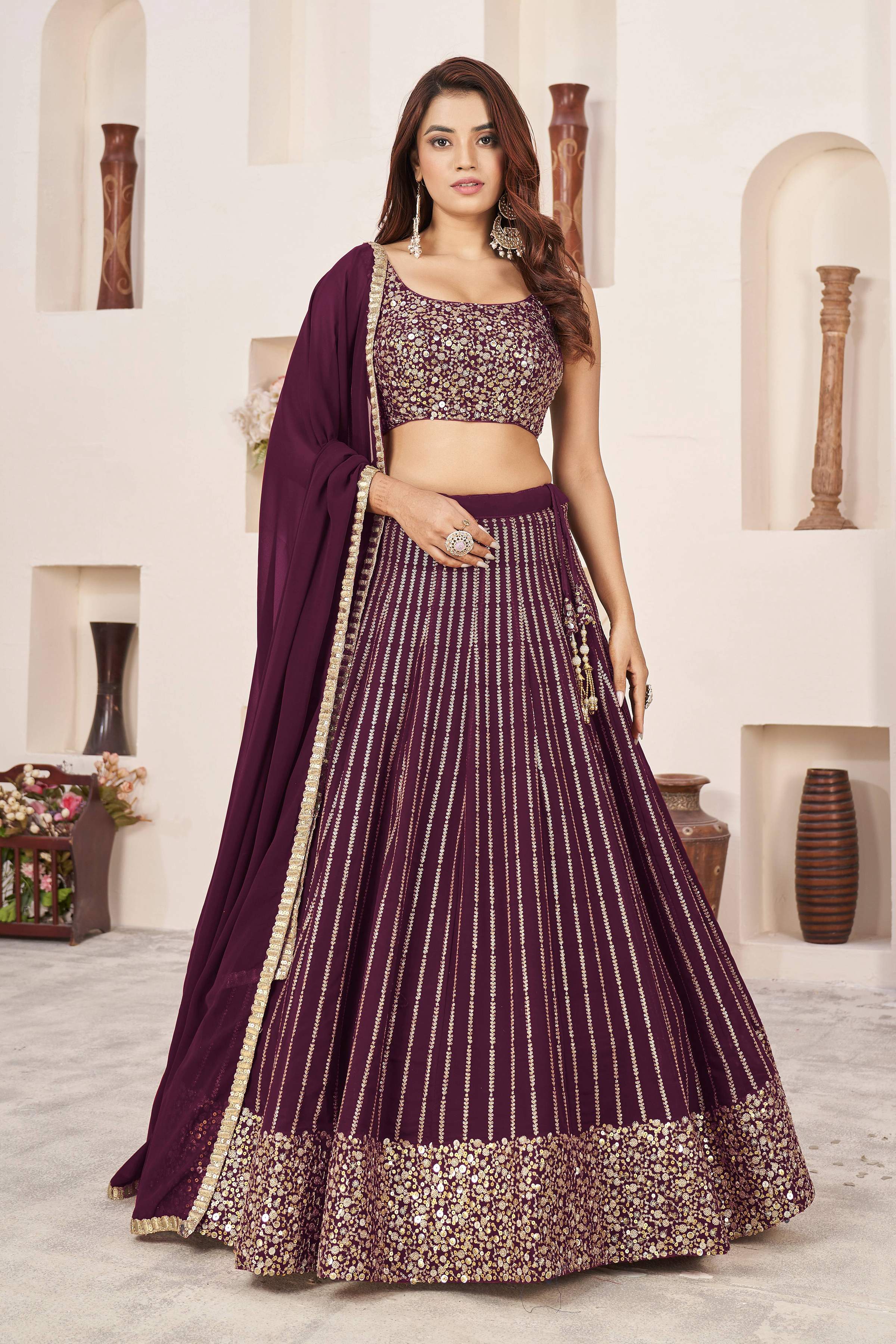 Jyoti Fashion Women's Wine Georgette Sequins Zari Embroidered Lehenga Choli & Dupatta