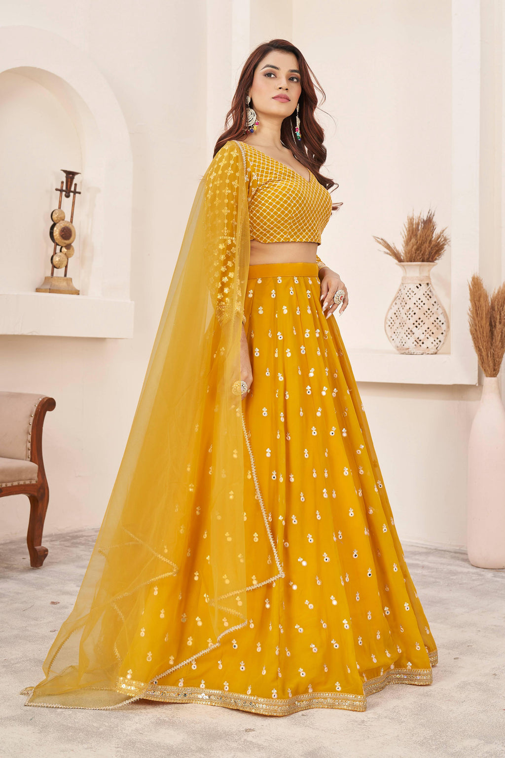 Jyoti Fashion Women's Yellow Georgette Multi Colored Thread with Sequins Embroidered Lehenga Choli & Dupatta