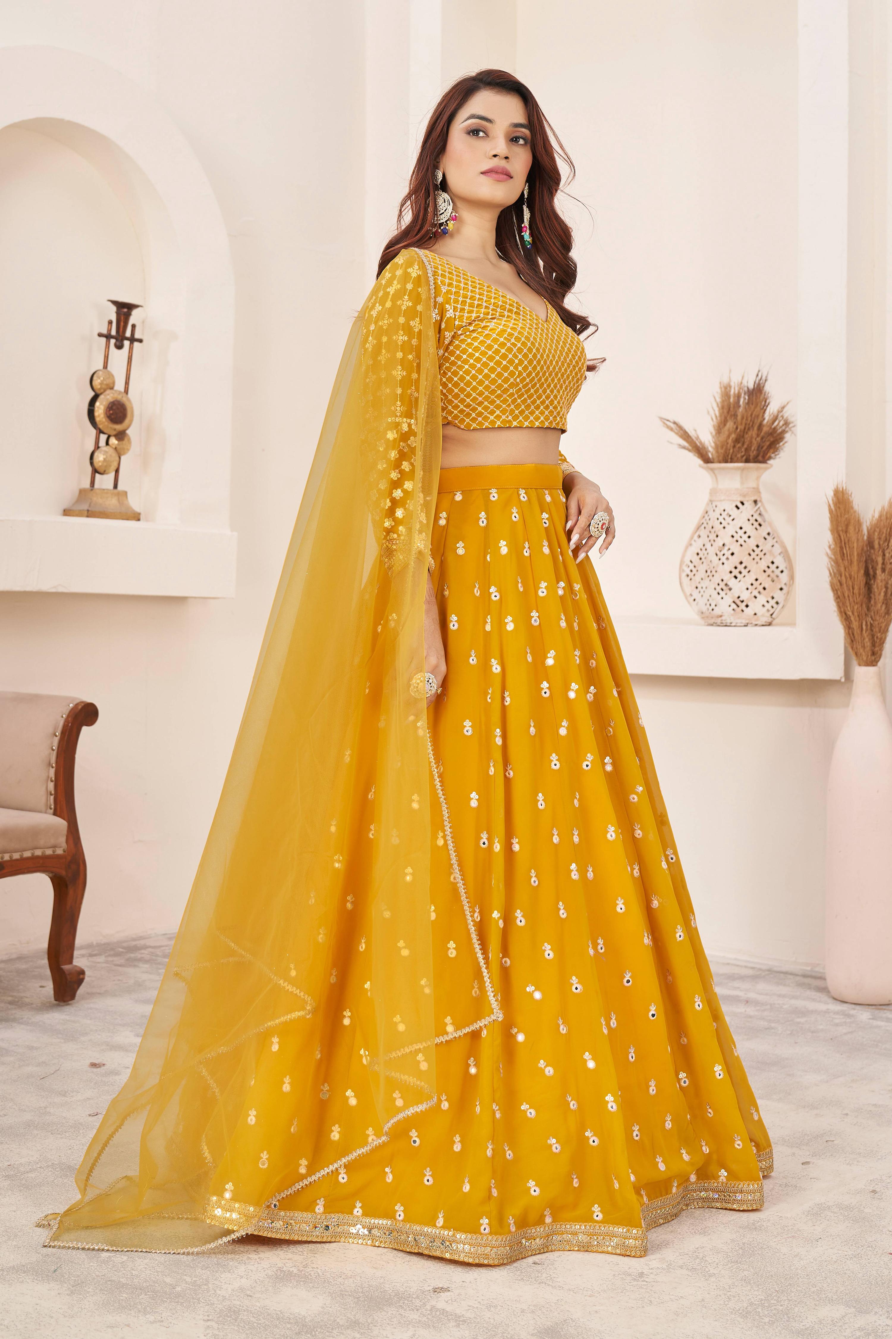 Jyoti Fashion Women's Yellow Georgette Multi Colored Thread with Sequins Embroidered Lehenga Choli & Dupatta