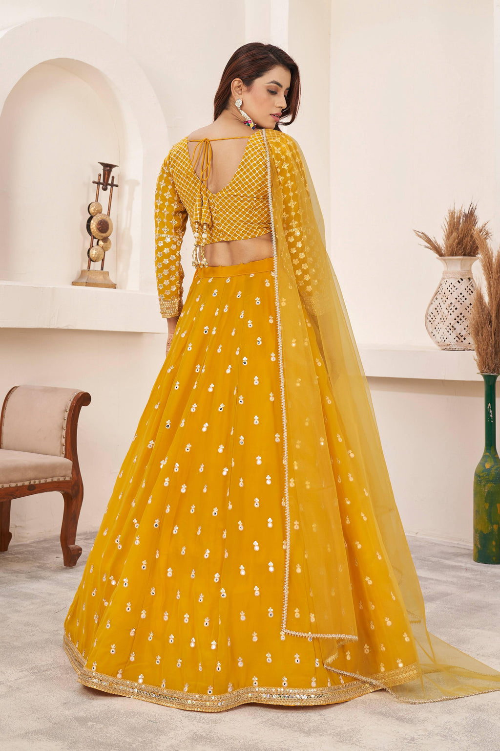 Jyoti Fashion Women's Yellow Georgette Multi Colored Thread with Sequins Embroidered Lehenga Choli & Dupatta