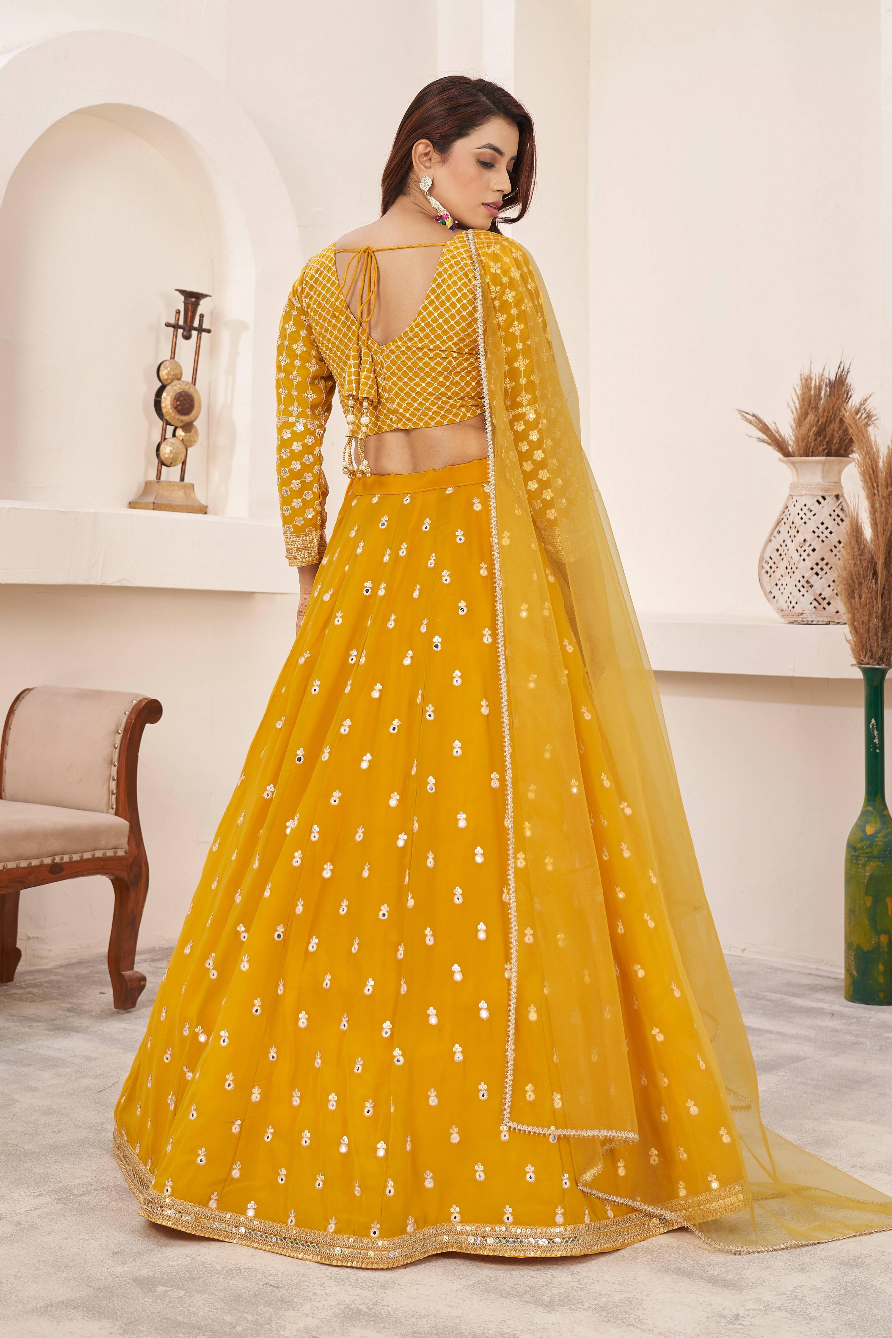Jyoti Fashion Women's Yellow Georgette Multi Colored Thread with Sequins Embroidered Lehenga Choli & Dupatta