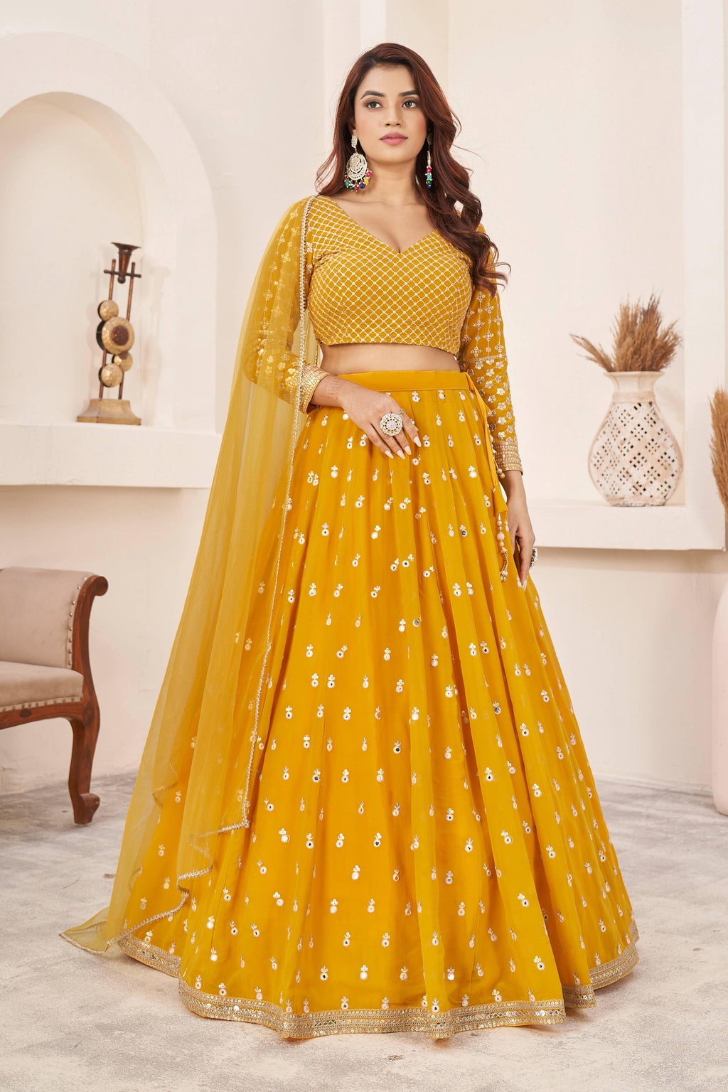 Jyoti Fashion Women's Yellow Georgette Multi Colored Thread with Sequins Embroidered Lehenga Choli & Dupatta