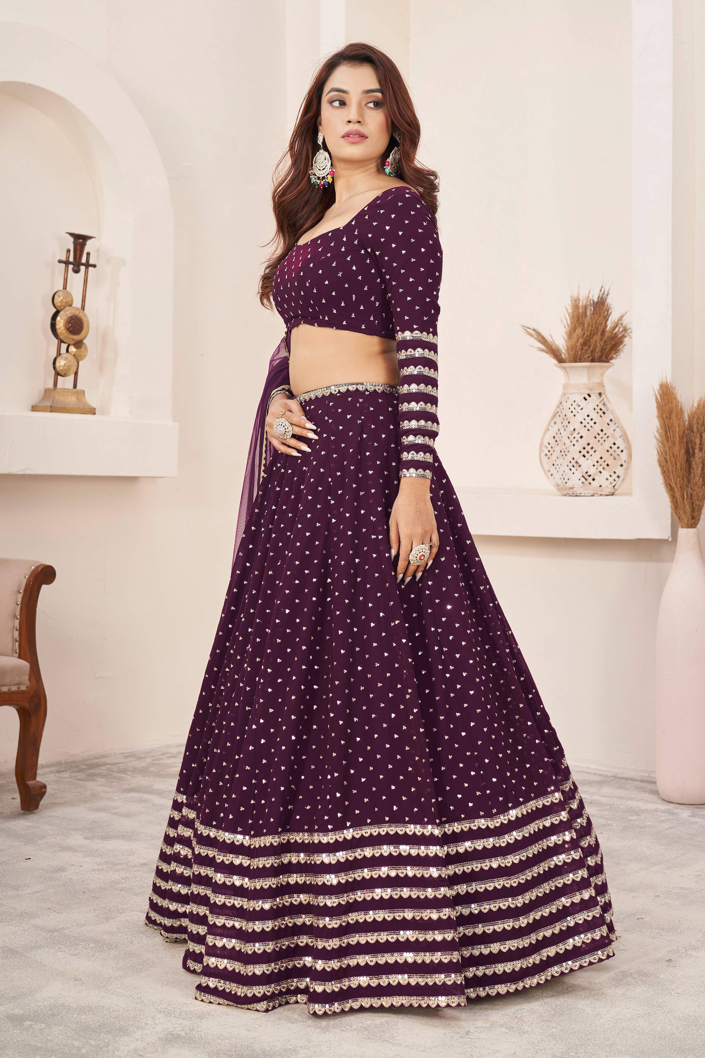 Jyoti Fashion Women's Wine Georgette Sequins Zari Embroidered Lehenga Choli & Dupatta