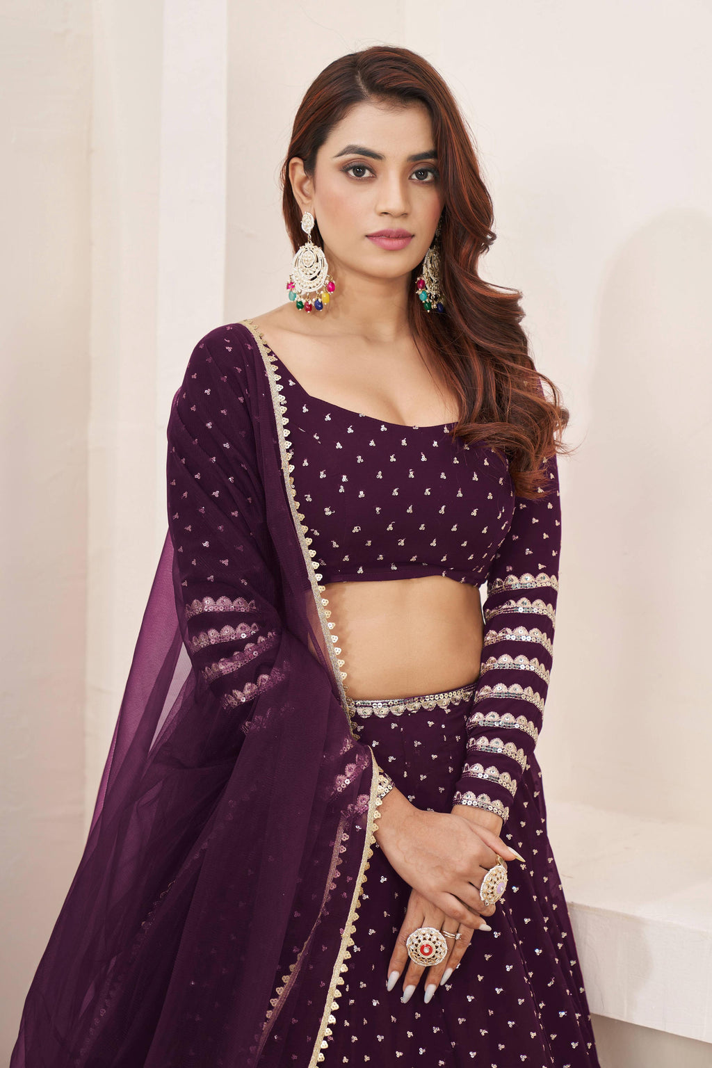 Jyoti Fashion Women's Wine Georgette Sequins Zari Embroidered Lehenga Choli & Dupatta