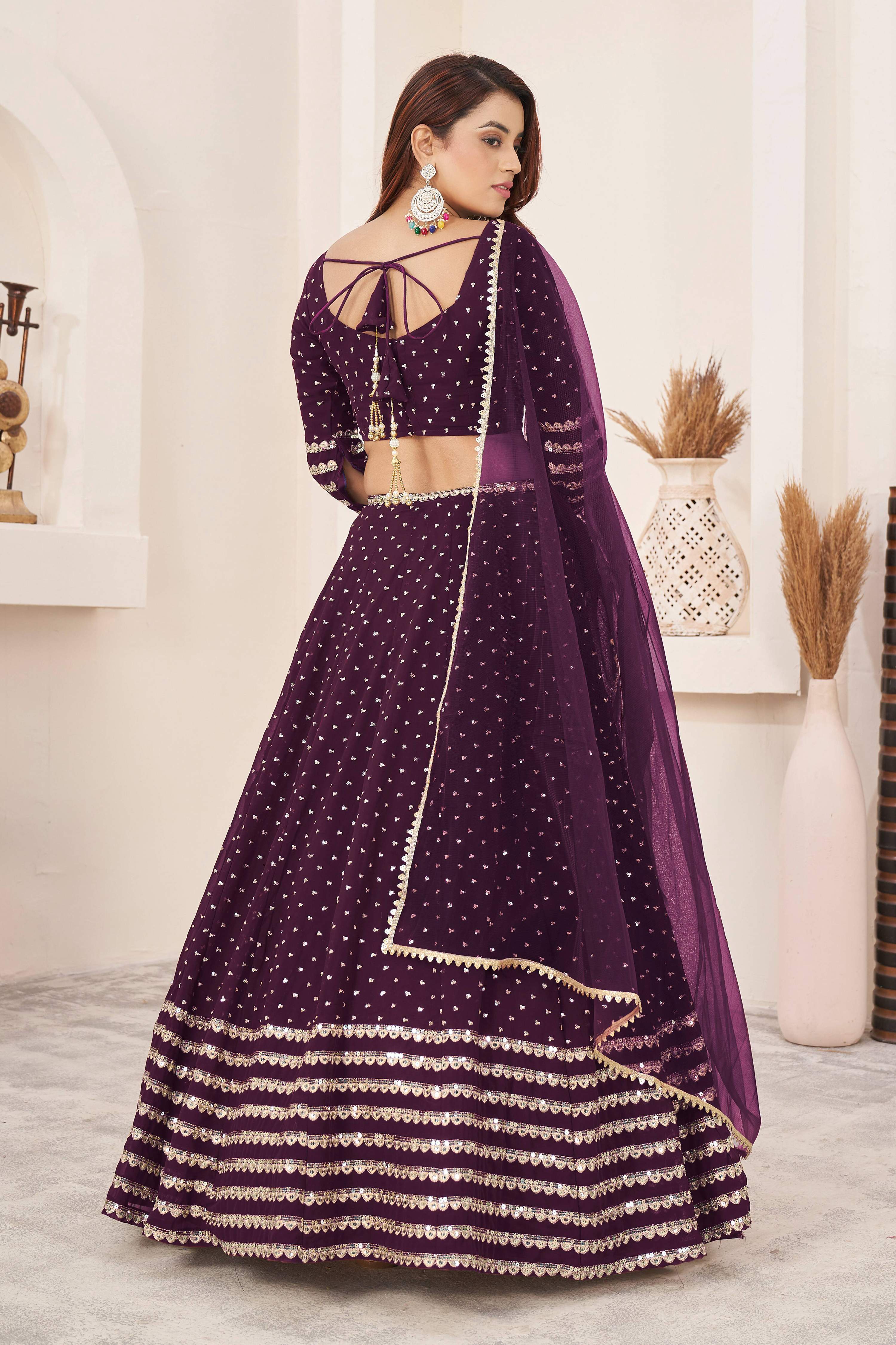 Jyoti Fashion Women's Wine Georgette Sequins Zari Embroidered Lehenga Choli & Dupatta