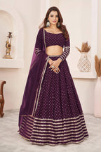Jyoti Fashion Women's Wine Georgette Sequins Zari Embroidered Lehenga Choli & Dupatta