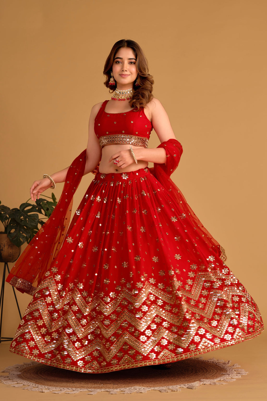 Jyoti Fashion Women's Red Georgette Sequins Zari Embroidered Lehenga Choli & Dupatta