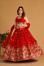 Jyoti Fashion Women's Red Georgette Sequins Zari Embroidered Lehenga Choli & Dupatta