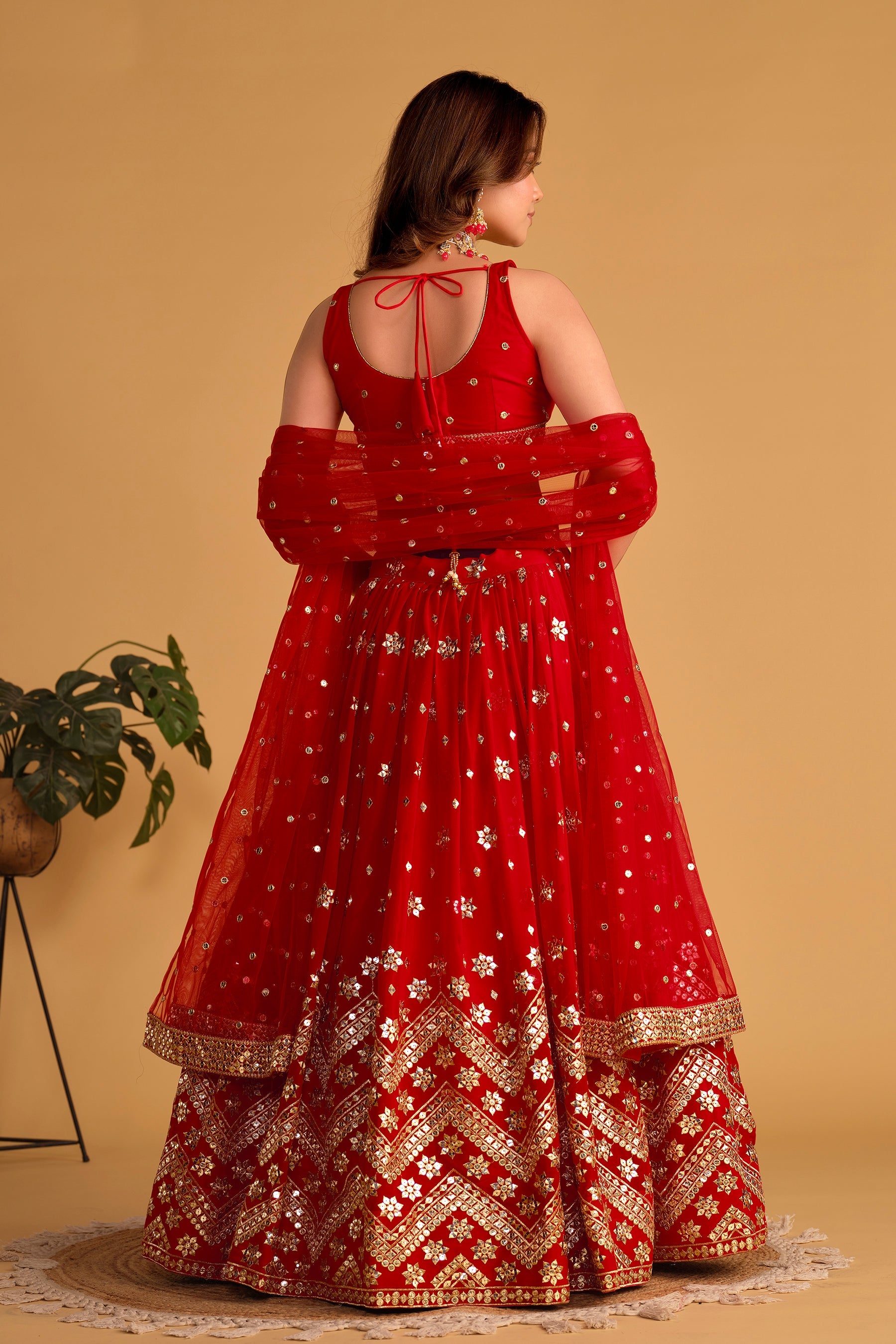 Jyoti Fashion Women's Red Georgette Sequins Zari Embroidered Lehenga Choli & Dupatta