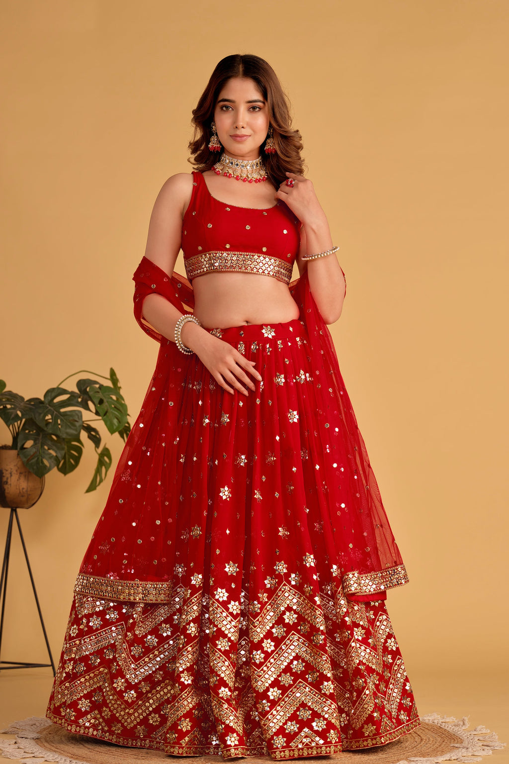 Jyoti Fashion Women's Red Georgette Sequins Zari Embroidered Lehenga Choli & Dupatta