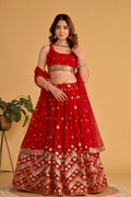 Jyoti Fashion Women's Red Georgette Sequins Zari Embroidered Lehenga Choli & Dupatta
