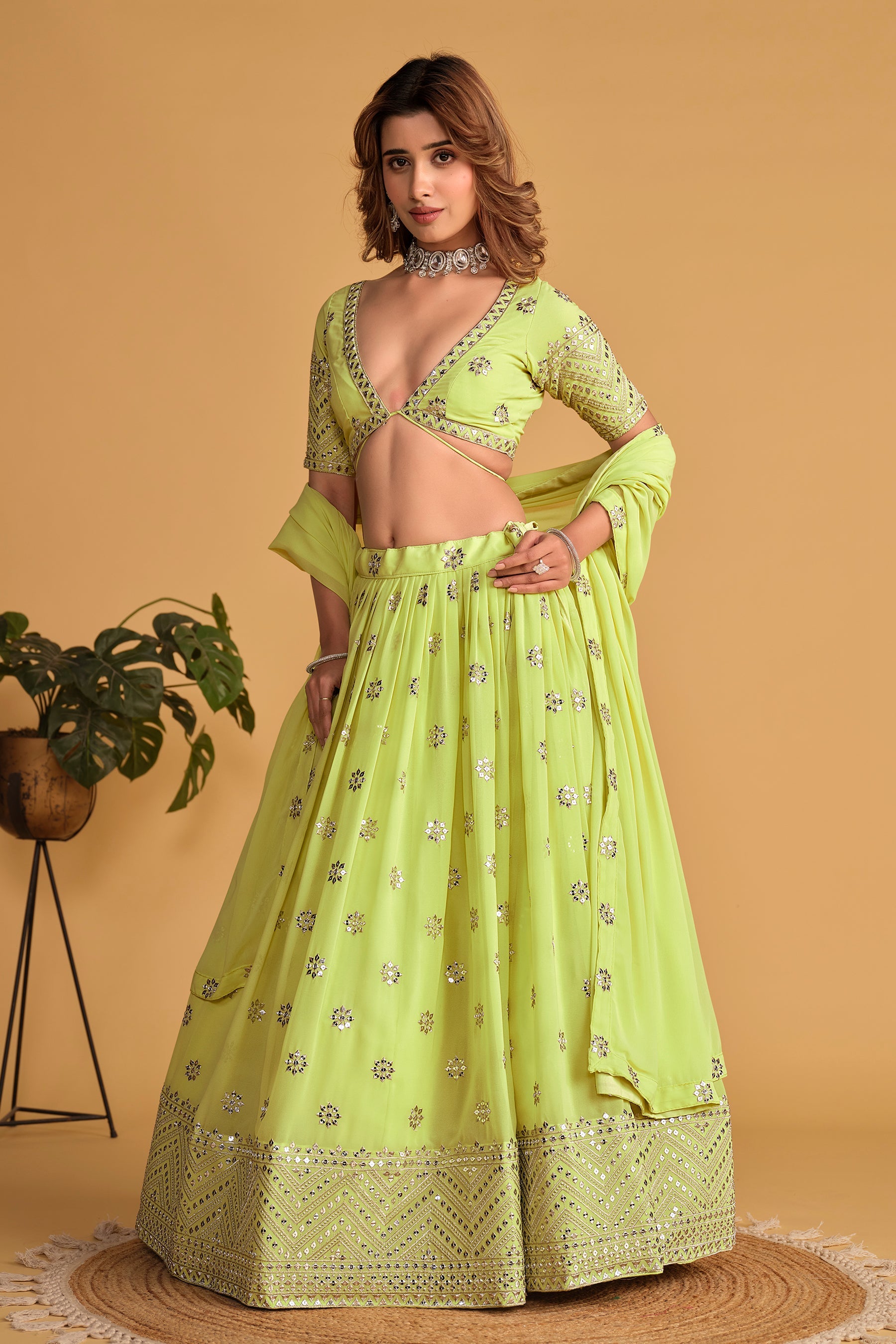 Jyoti Fashion Women's Neon Georgette Sequins Zari Embroidered Lehenga Choli & Dupatta