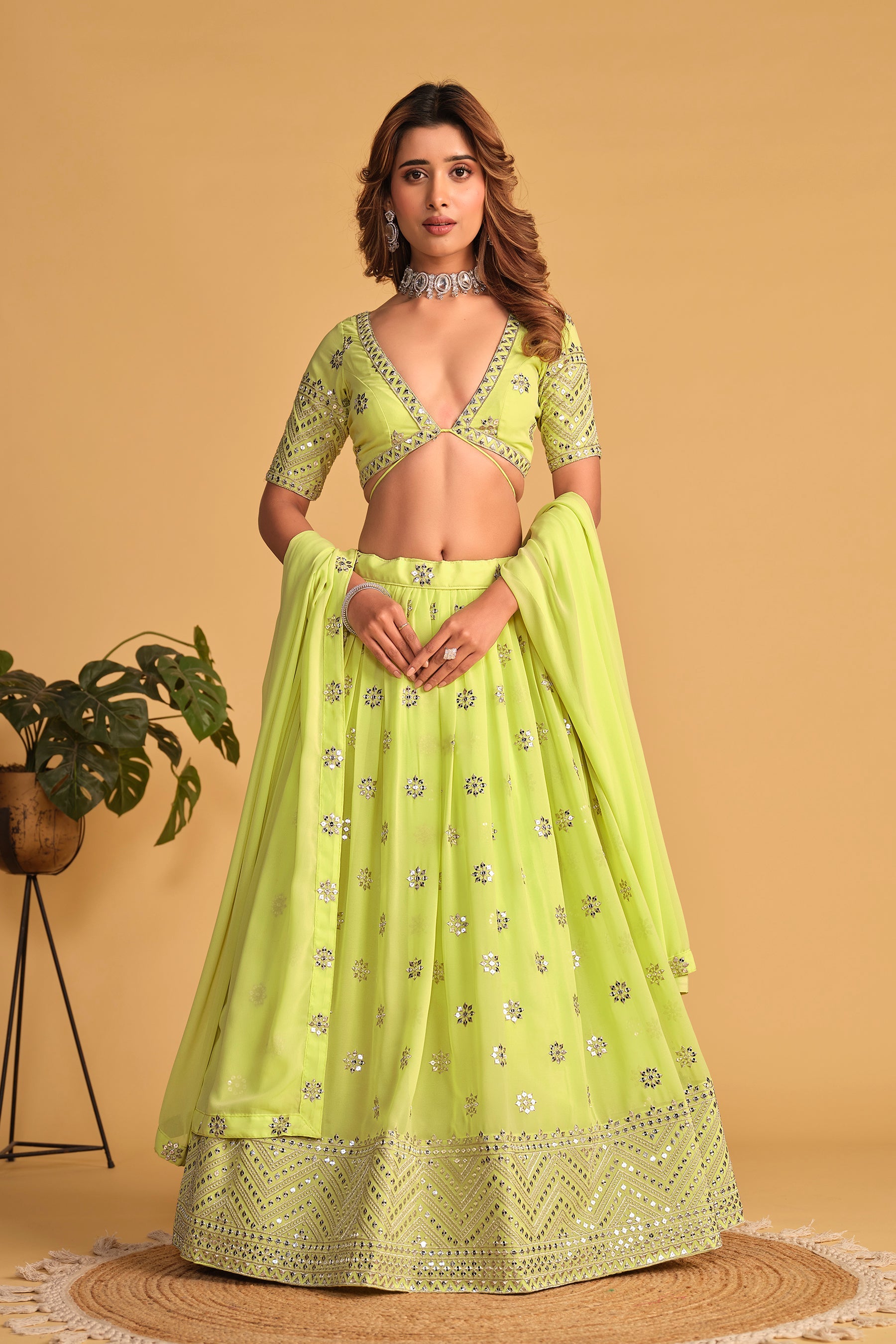 Jyoti Fashion Women's Neon Georgette Sequins Zari Embroidered Lehenga Choli & Dupatta