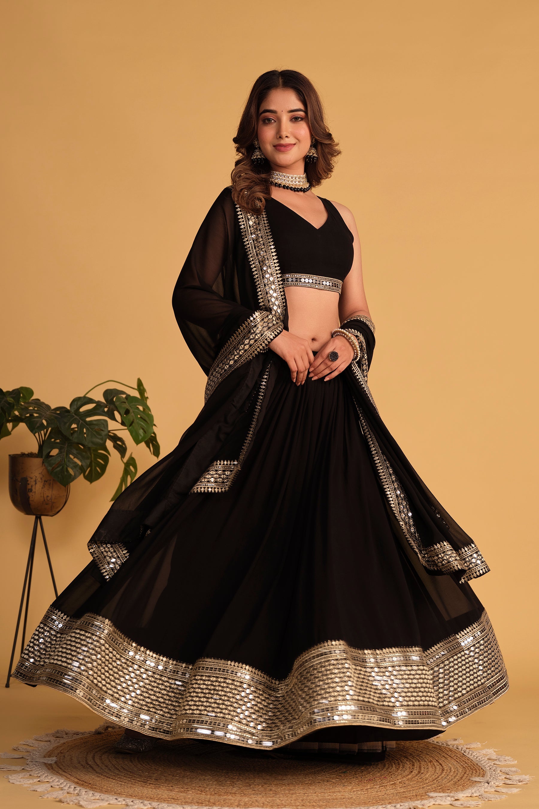 Jyoti Fashion Women's Black Georgette Sequins Zari Embroidered Lehenga Choli & Dupatta