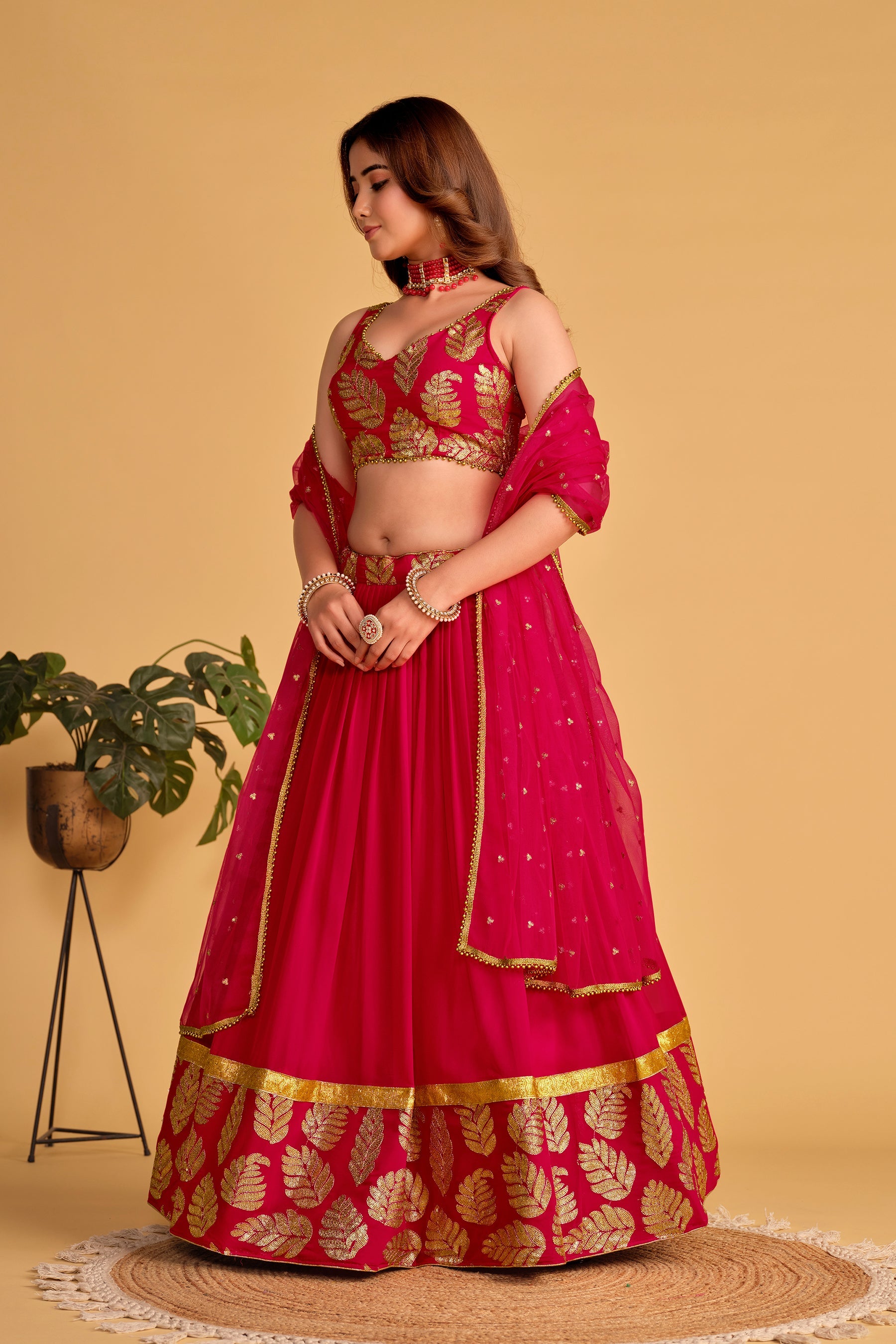 Jyoti Fashion Women's Pink Georgette Sequins Zari Embroidered Lehenga Choli & Dupatta