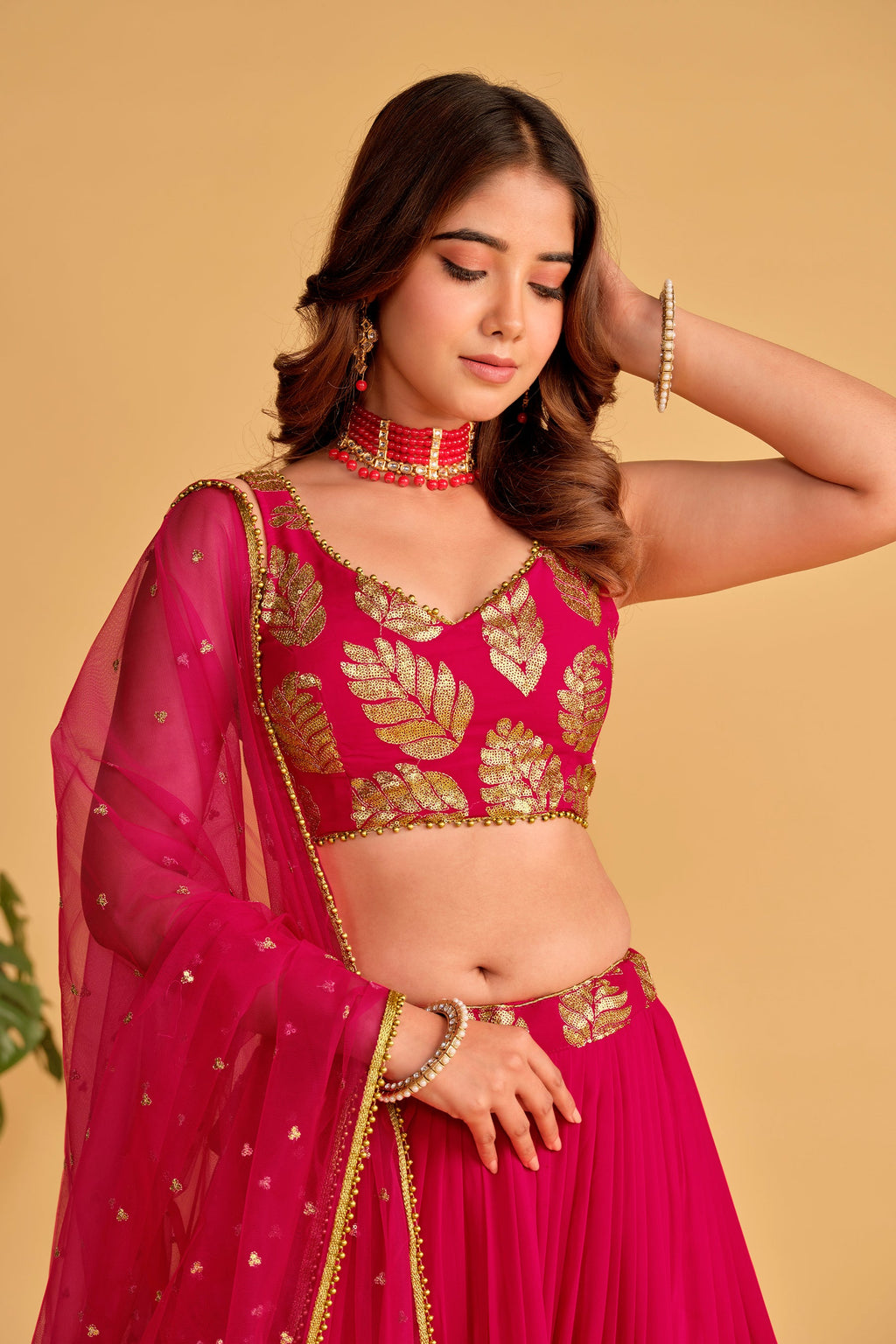 Jyoti Fashion Women's Pink Georgette Sequins Zari Embroidered Lehenga Choli & Dupatta