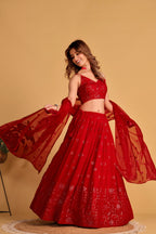 Jyoti Fashion Women's Red Georgette Sequins Thread Embroidered Lehenga Choli & Dupatta