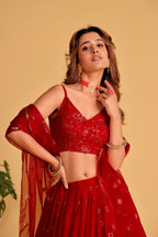 Jyoti Fashion Women's Red Georgette Sequins Thread Embroidered Lehenga Choli & Dupatta