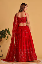 Jyoti Fashion Women's Red Georgette Sequins Thread Embroidered Lehenga Choli & Dupatta