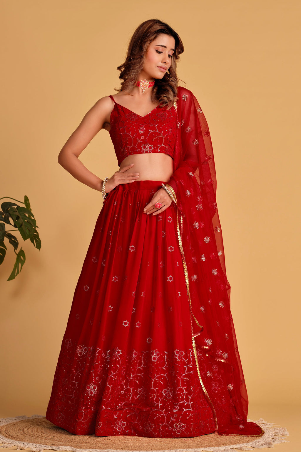 Jyoti Fashion Women's Red Georgette Sequins Thread Embroidered Lehenga Choli & Dupatta