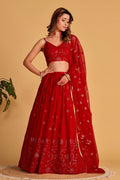 Jyoti Fashion Women's Red Georgette Sequins Thread Embroidered Lehenga Choli & Dupatta
