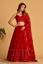 Jyoti Fashion Women's Red Georgette Sequins Thread Embroidered Lehenga Choli & Dupatta