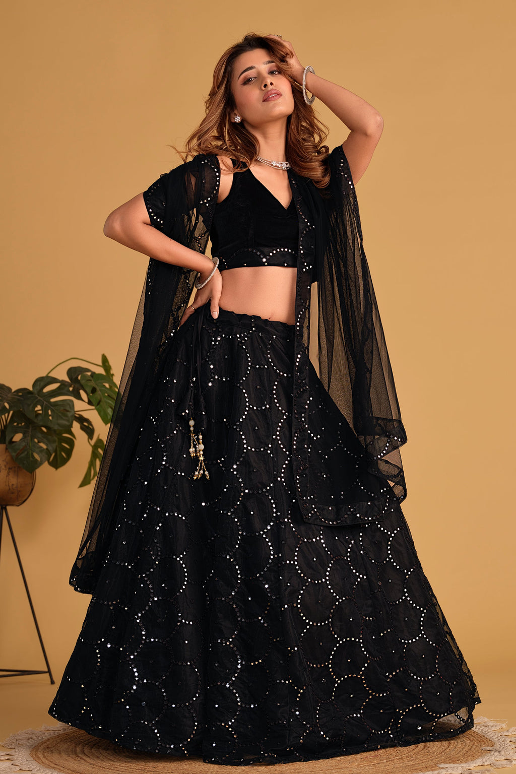 Jyoti Fashion Women's Black Georgette Sequins Thread Embroidered Lehenga Choli & Dupatta