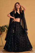 Jyoti Fashion Women's Black Georgette Sequins Thread Embroidered Lehenga Choli & Dupatta