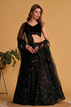 Jyoti Fashion Women's Black Georgette Sequins Thread Embroidered Lehenga Choli & Dupatta