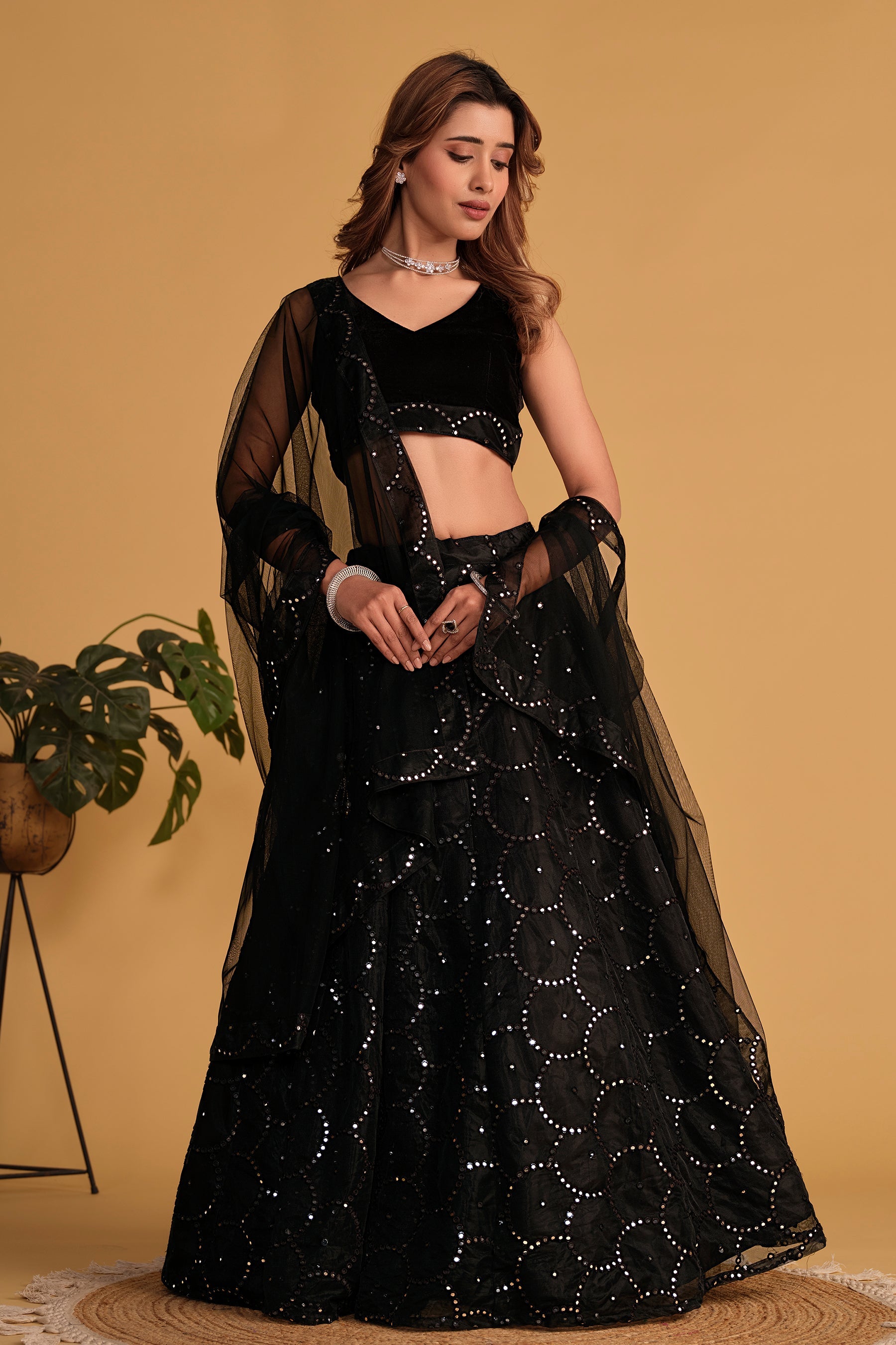 Jyoti Fashion Women's Black Georgette Sequins Thread Embroidered Lehenga Choli & Dupatta